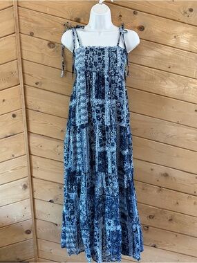 HB Blue White Floral Ties on Strap Sleeveless Summer Dress Midi Long 100% Cotton